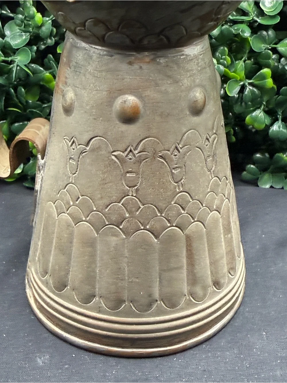 Antique Middle Eastern Tinned Copper Pitcher Ewer - Hand Hammered Floral Design
